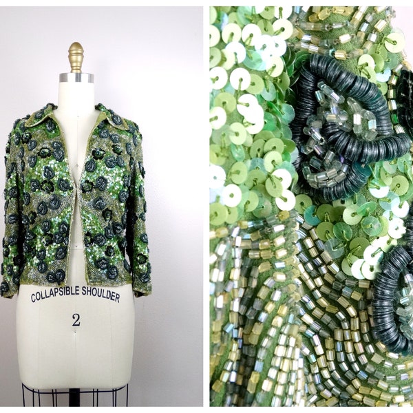 XS/S Intricate Beaded Bolero Shrug / Olive Green Sequined Jeweled Cropped Jacket XS/S