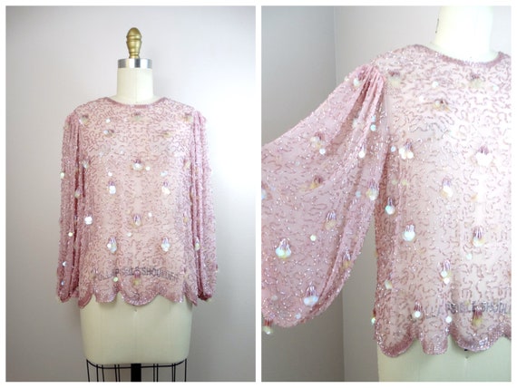 70s 80s Paillette Fringe Beaded Sheer Balloon Sle… - image 1