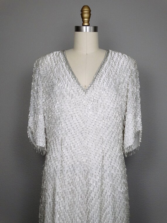 M/L Silver Beaded Fringe Dress / White GLAM Fring… - image 2