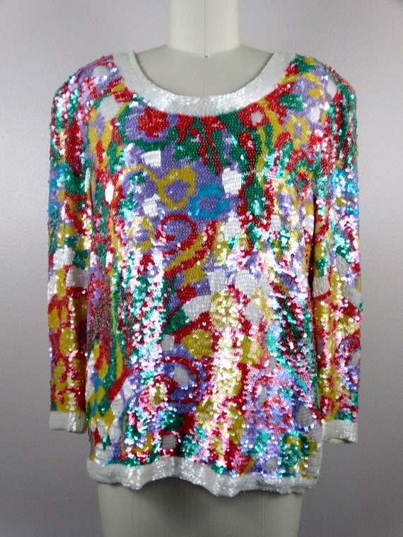 80s 90s Oleg Cassini Sequin Top / Red Yellow Whit… - image 2