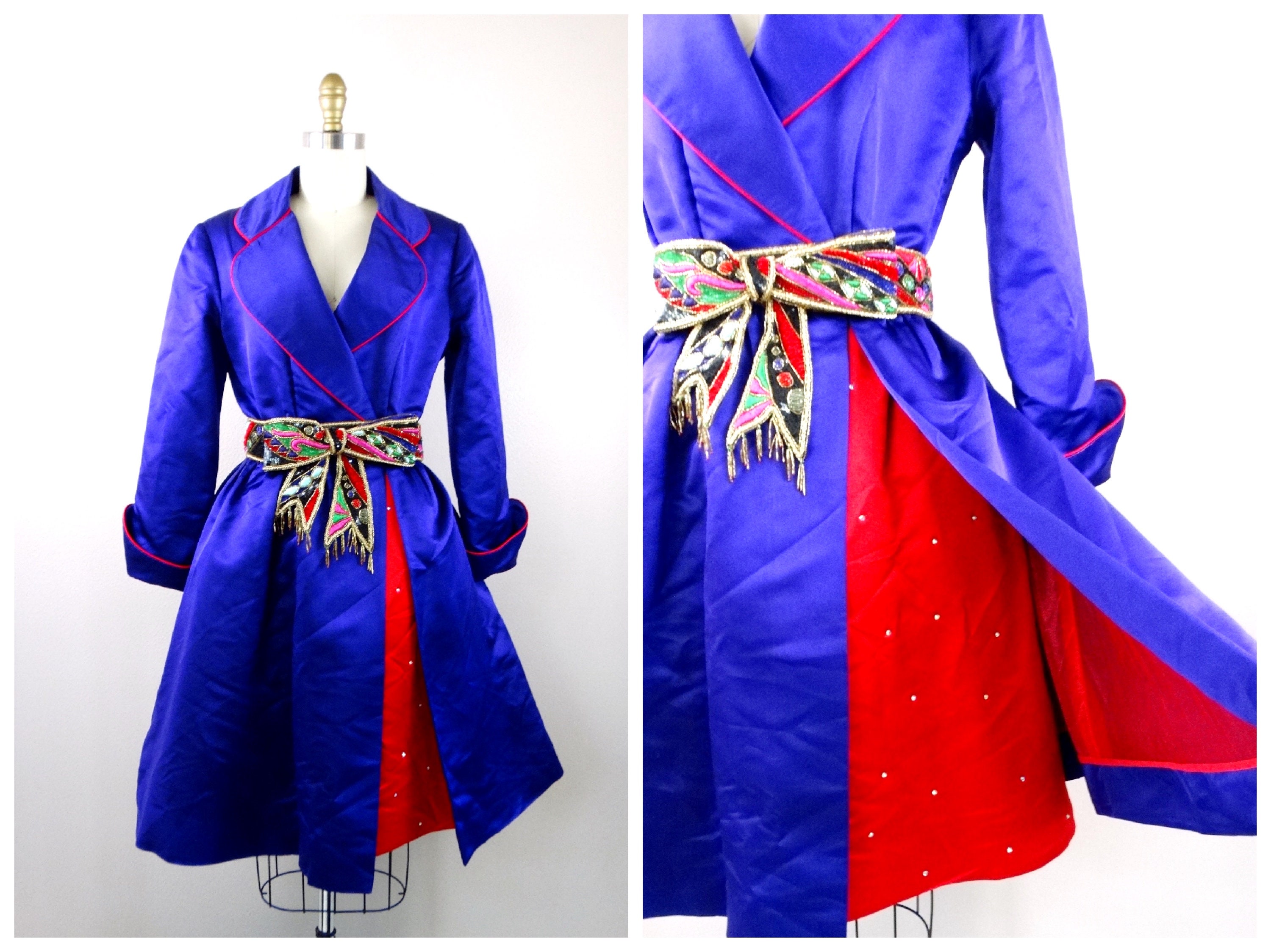 Bob Mackie Crystal Beaded Dress/Royal Purple & Red Sequin Party Couture Glam Sequined Designer with Embellished Bow Belt