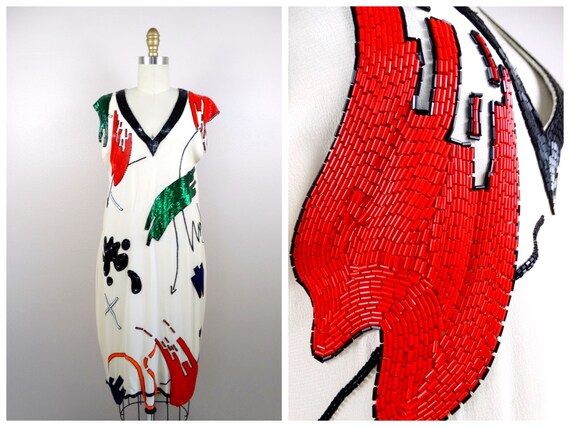 90s Abstract Art Beaded Silk Dress // Funky Hand … - image 5