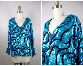 M/L Bright Blue Sequined Oversized Sleeve Top // All Sequin Embellished Tunic Blouse // BRAXAE Vintage Co