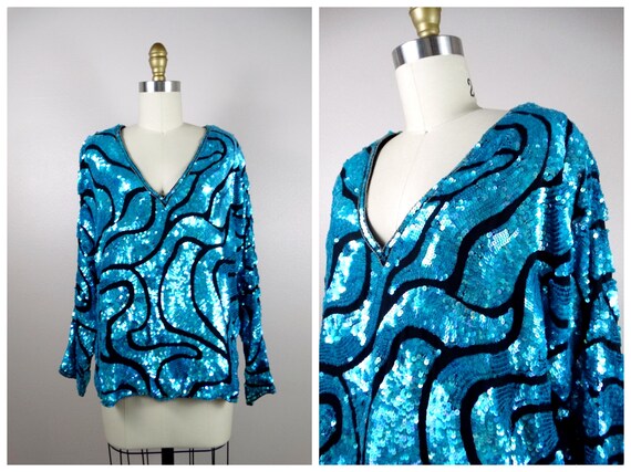 M/L Bright Blue Sequined Oversized Sleeve Top // … - image 1