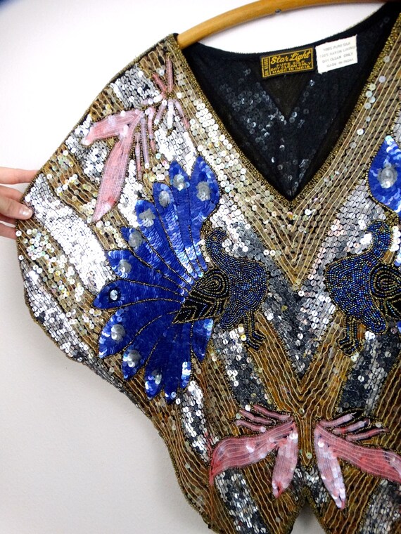 VTG Butterfly Sequined Blouse // Art Deco Peacock… - image 4