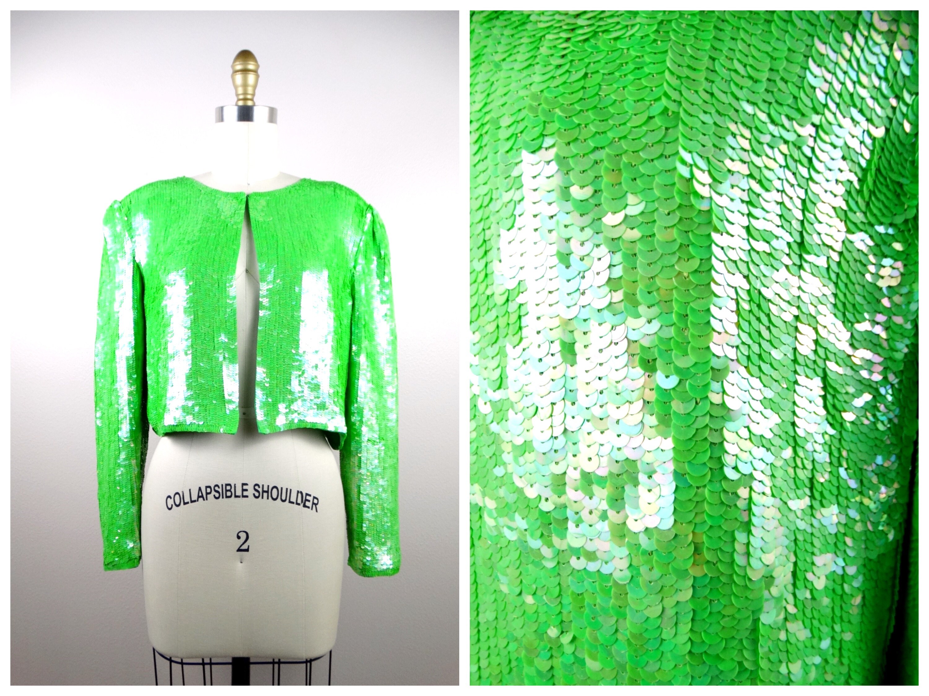 Vintage Neiman Marcus Sequin Bolero Jacket, Neon Lime Green, Size 