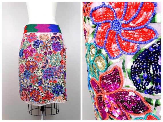 Boho Seed Bead Embroidered Skirt // Heavily Embel… - image 1