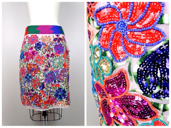 Boho Seed Bead Embroidered Skirt // Heavily Embel… - image 1