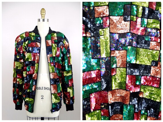 L/XL 80’s Retro Sequin Jacket // Colorful Colorbl… - image 6