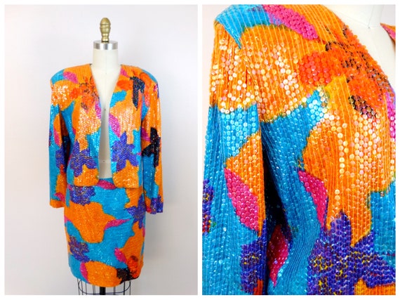 80s 90s Bright Sequined Bolero and Mini Skirt // … - image 1