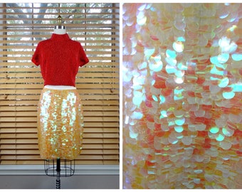 Bloomingdale&#39;s Paillette Sequined Skirt / Iridescent Yellow Sequin Embellished Dress Skirt