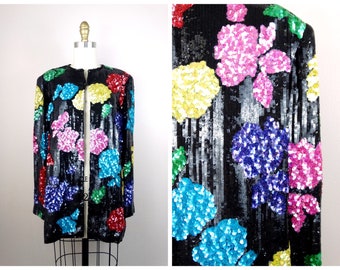 M/L Couture Vintage Sequin Jacket / Pink Green Blue Red Yellow Floral Sequined Black Blazer