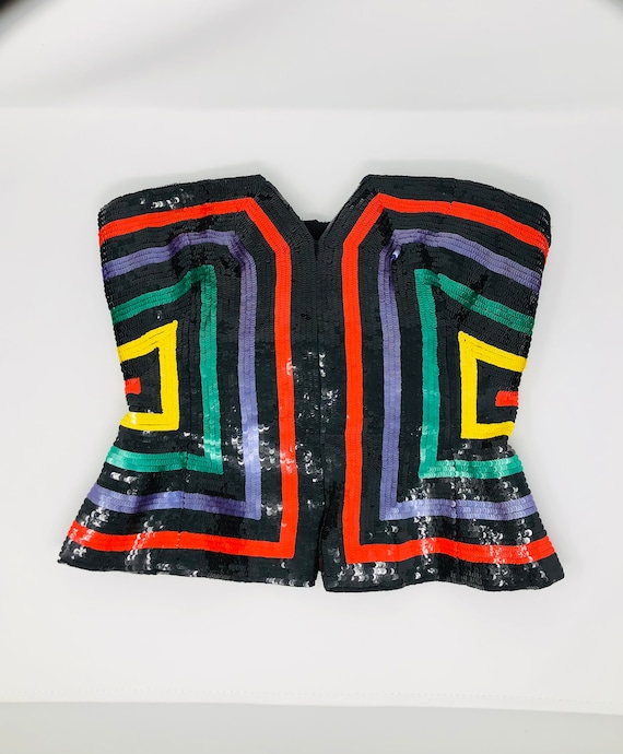 Retro Sequin Bustier / Designer Couture Sequined Bustier / Bright Geometric Sequin Embellished Strapless Top