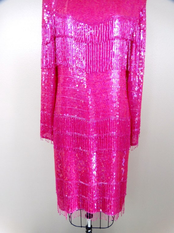 M/L Bright Pink Fringe Beaded Dress // 1980s Silk… - image 4