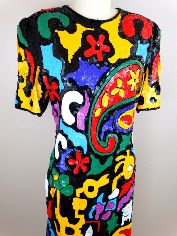 Funky Retro Sequin Dress / Psychedelic Neon Rainb… - image 3