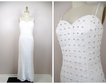 Vintage Rhinestone Crystal Wedding Gown: Pearl White Beaded Bridal Dress