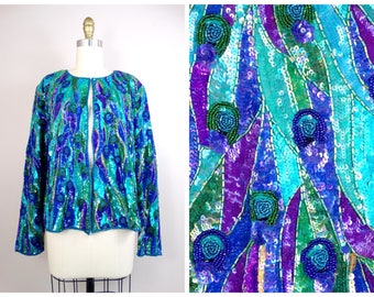 L/XL Heavily Beaded Sequin Jacket // Deco Peacock Blue Green Purple Beaded Open Cardigan Top // Vintage Beaded Jacket