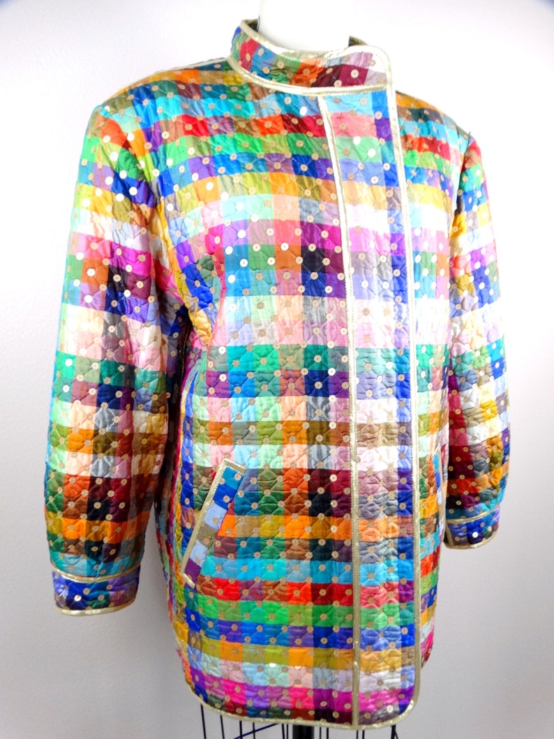 GEOFFREY BEENE Sequined Jacket / Rainbow Color Block Silk Gold Sequin Embellished Quilted Coat image 5