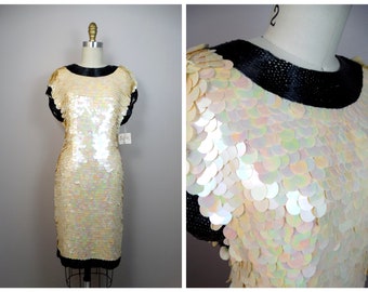 Iridescent Paillette Sequined Beaded Dress // Bridal Reception Dress Fully Embellished w/ Paillettes
