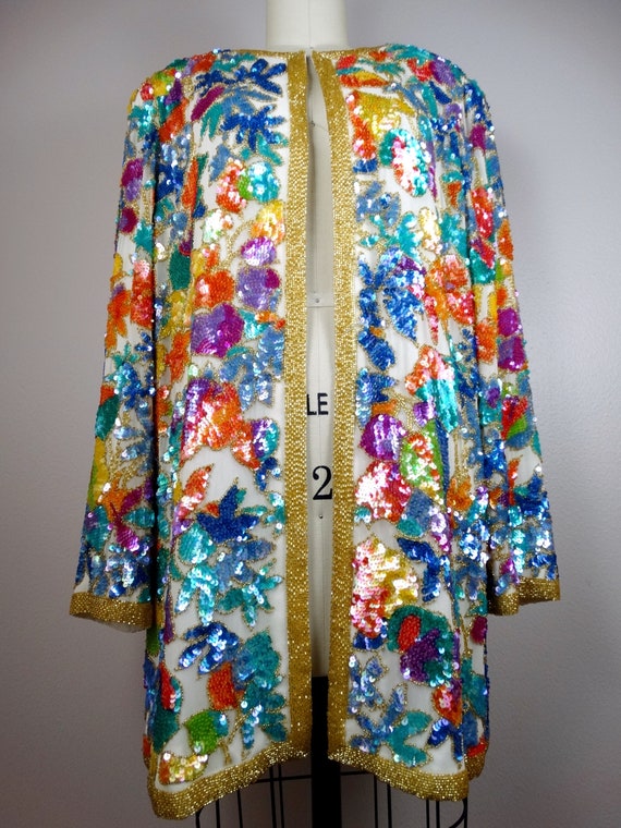Colorful Pastel Sequin Long Cardigan / Vintage Em… - image 3
