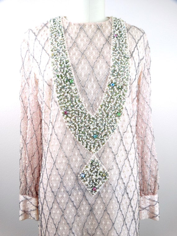 60s Pink Beaded Sequined Dress ‣ Pastel Pink Pear… - image 2