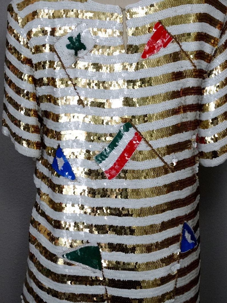 Retro Flashy Sequined Top Skirt by Lillie Rubin White and Gold Striped Sequin Embellished Glam Ensemble International Flags Dress