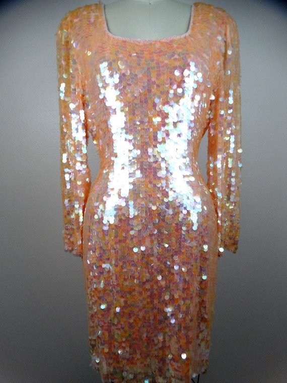 Sparkling Peach Paillette Sequin Dress // Iridesc… - image 5