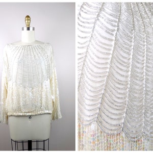 L/XL Loop Fringe Beaded Top / Iridescent Ivory Sequined Top Large image 1