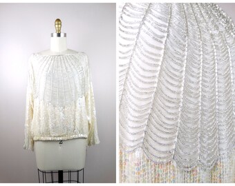 L/XL Loop Fringe Beaded Top / Iridescent Ivory Sequined Top Large