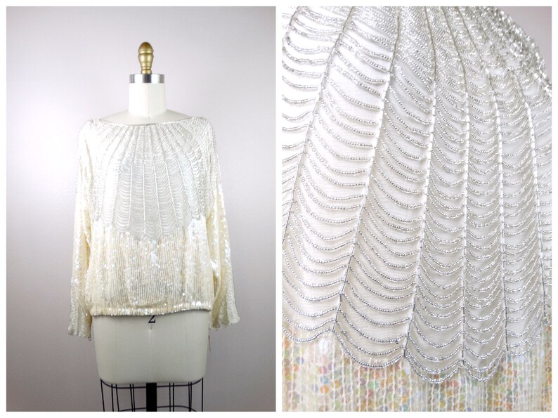 L/XL Loop Fringe Beaded Top / Iridescent Ivory Sequined Top Large image 1