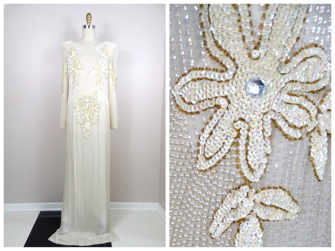 Vintage Beaded Wedding Dress / Ivory Silk Pearl Beaded Gown / Sequin ...