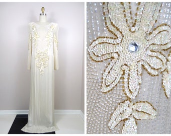 Vintage Beaded Wedding Dress / Ivory Silk Pearl Beaded Gown / Sequin Embellished Wedding Gown