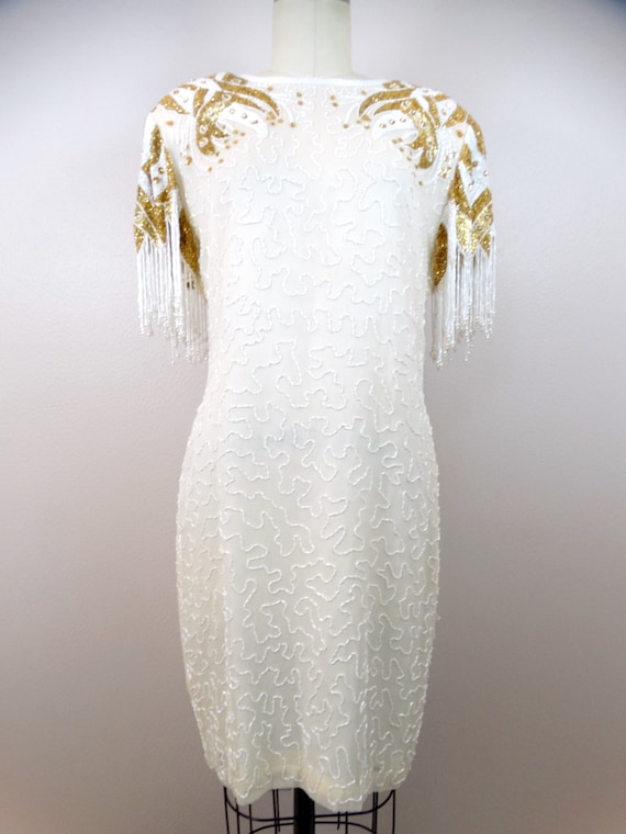 white and gold embellished dress GLISTENING IN GOLD BLAZER DRESS IN WHITE – AKIRA