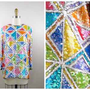 RARE Sparkling Beaded Top / Pastel Rainbow Color Block Sequin Top / BRAXAE