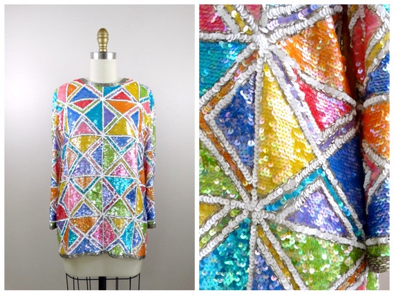 RARE Sparkling Beaded Top / Pastel Rainbow Color … - image 7