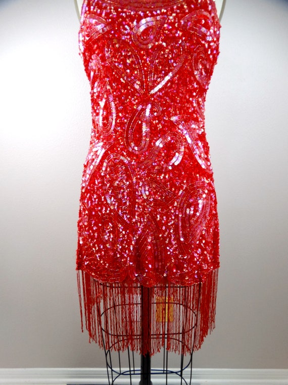 Red Sequin Fringe Beaded Flapper Mini // Vintage … - image 3