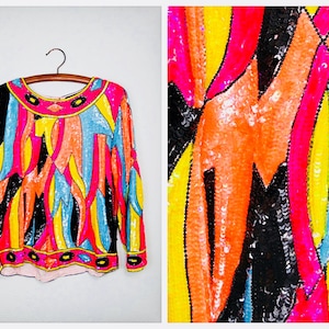 NEON All Sequin Top / 80s Fluorescent Pink Orange and Yellow Retro Vintage Bright Sequined Top