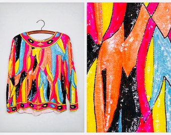 NEON All Sequin Top / 80s Fluorescent Pink Orange and Yellow Sequined Blouse / Retro Vintage Bright Embellished Top