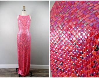 DAZZLING Barbie Pink Sequin Gown / Bright Hot Pink Sequined Dress w/ High Slit Size Small