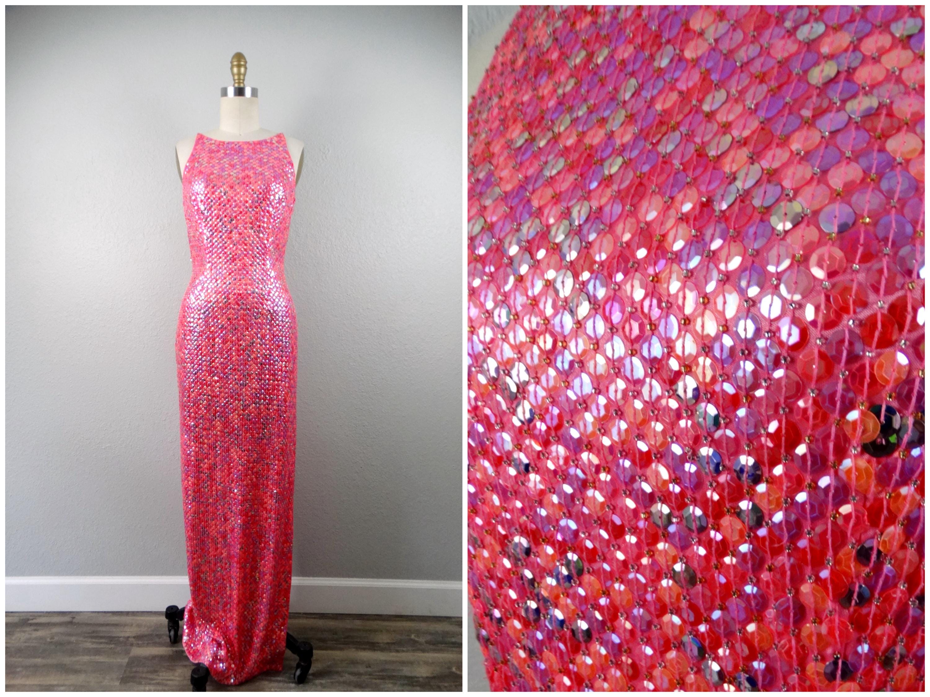 DAZZLING Barbie Pink Sequin Gown / Bright Hot Pink Sequined Dress W/ High  Slit Size Small - Etsy