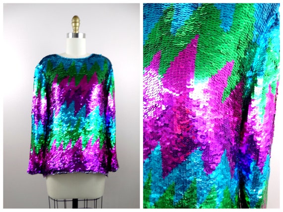 VTG Electric Sequin Top // Bright Pink Purple Gre… - image 4