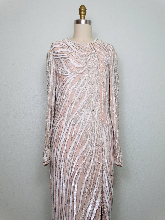 RARE Pearl Beaded Gown // Blush Pink Silk White S… - image 3