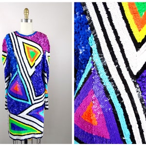 80s Funky Sequin Dress / Neon Sequined Dress / 1980&#39;s Bright Retro Embellished Party Dress
