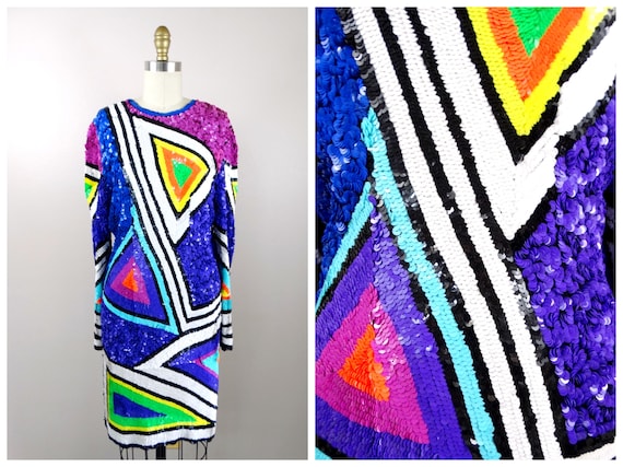 80s Funky Sequin Dress / Neon Sequined Dress / 19… - image 1