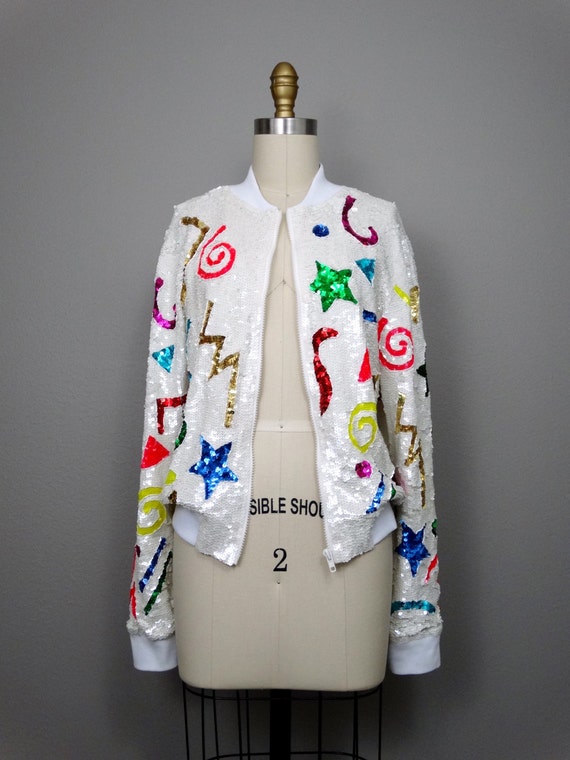 90s Y2K Neon Sequined Jacket / Bright White Sequi… - image 2