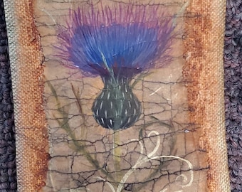 Thistle rustic painting wall hanging hand-painted thistle painted on fabric and sewn on wood branches.