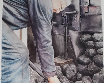 Train gift giclee print from my original painting of steam train driver watercolour