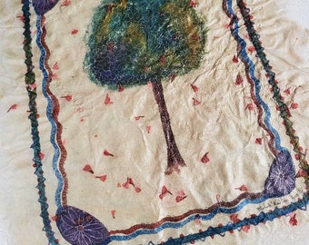 Tree textile wall art handmade silk paper Hand-painted textile art