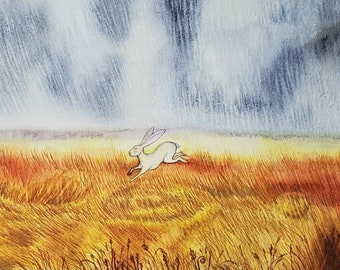 Hare painting - original hare Watercolour, painting, original Art, mystical hare, Crop circles on a rainy day. Framed