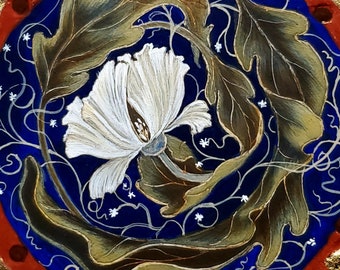 William Morris / floral style original hand-painted egg tempera painting on wood, floral decor with gold leaf